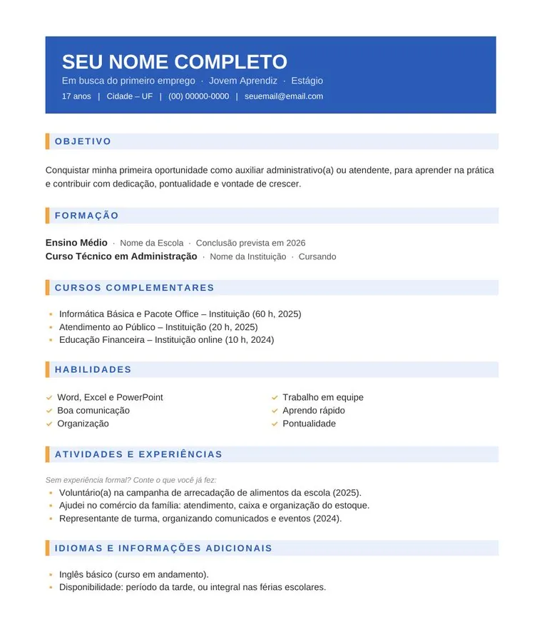 Prévia: Modelo de Currículo para Primeiro Emprego